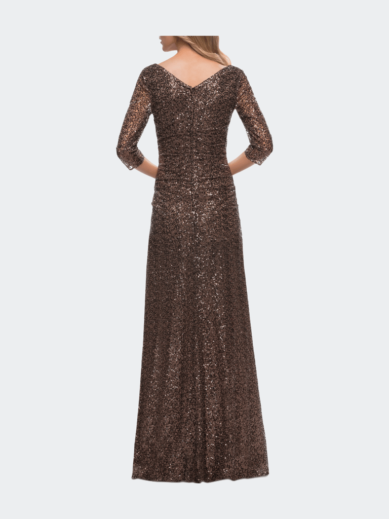 Three-Quarter Sleeve Sequin Dress with Ruching