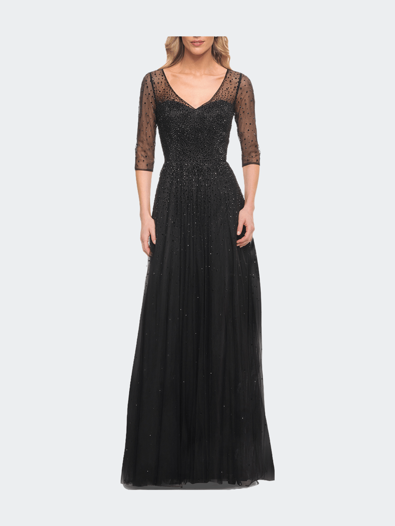 Tulle A-line Evening Dress with Beading - Black