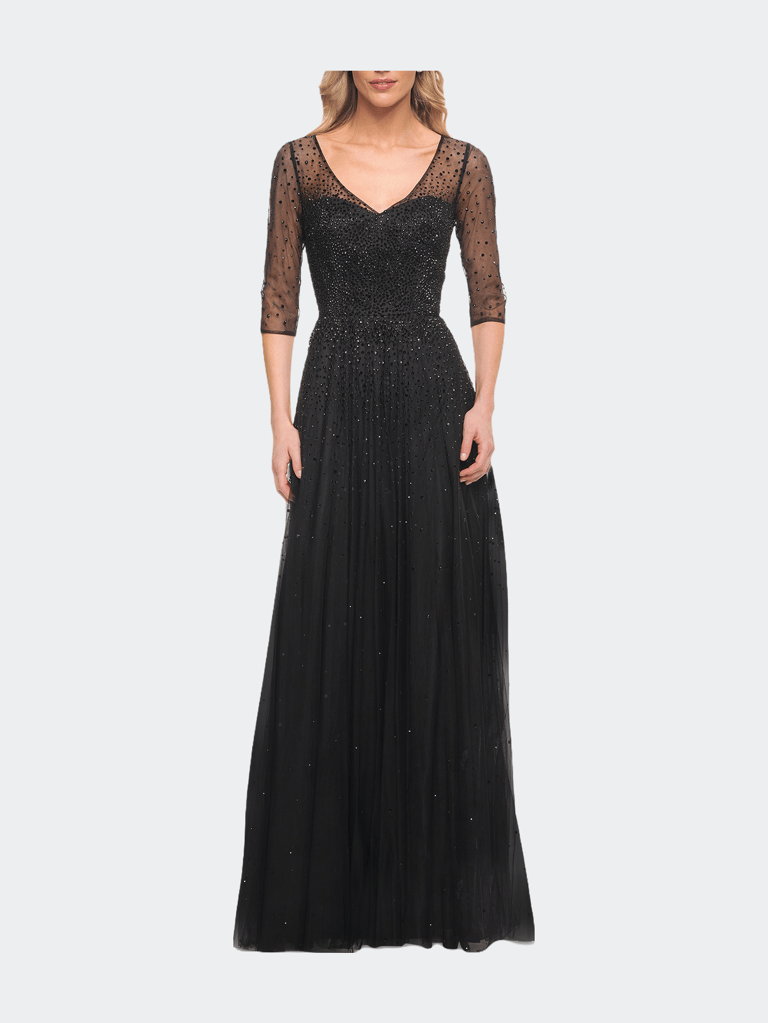 Tulle A-line Evening Dress with Beading - Black