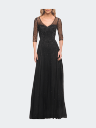 Tulle A-line Evening Dress with Beading - Black