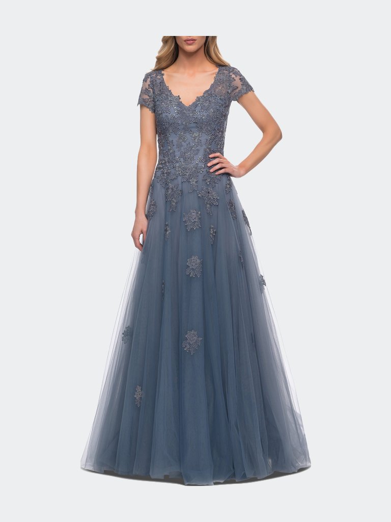 Tulle A Line Gown with Lace Applique and V Neck - Slate