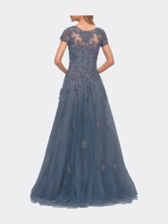 Tulle A Line Gown with Lace Applique and V Neck
