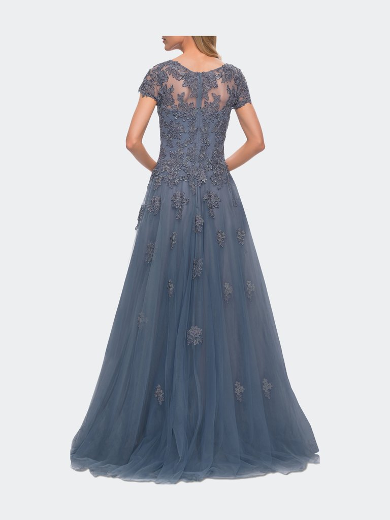 Tulle A Line Gown with Lace Applique and V Neck