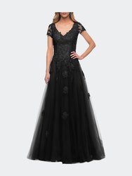 Tulle A Line Gown with Lace Applique and V Neck - Black