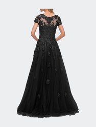 Tulle A Line Gown with Lace Applique and V Neck