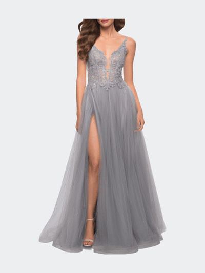La Femme Tulle A Line Gown with Lace Rhinestone Bodice product
