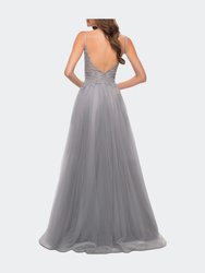 Tulle A Line Gown with Lace Rhinestone Bodice