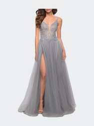 Tulle A Line Gown with Lace Rhinestone Bodice - Silver