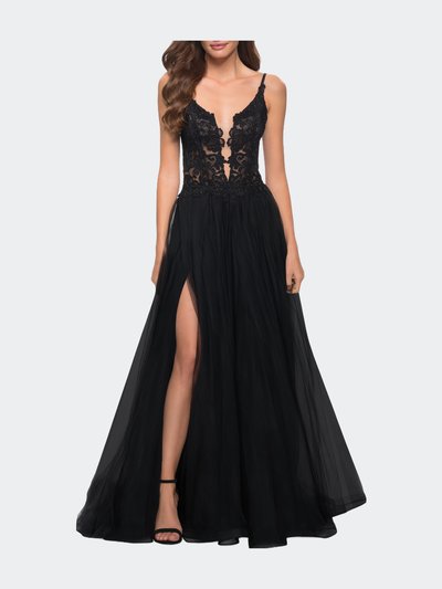 La Femme Tulle A Line Gown with Lace Rhinestone Bodice product