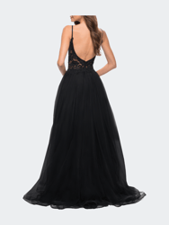 Tulle A Line Gown with Lace Rhinestone Bodice