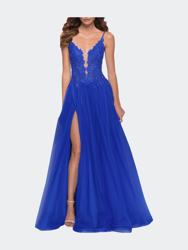Tulle A Line Gown with Lace Rhinestone Bodice - Royal Blue