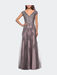 Tulle Evening Gown with Embroidery and Cap Sleeves