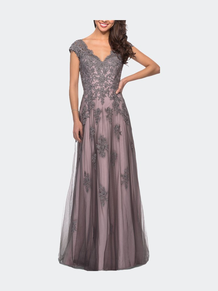 Tulle Evening Gown with Embroidery and Cap Sleeves - Pink/Gray