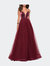 Tulle Evening Gown With Satin Bust And V Shaped Back - Burgundy