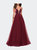Tulle Evening Gown With Satin Bust And V Shaped Back - Burgundy