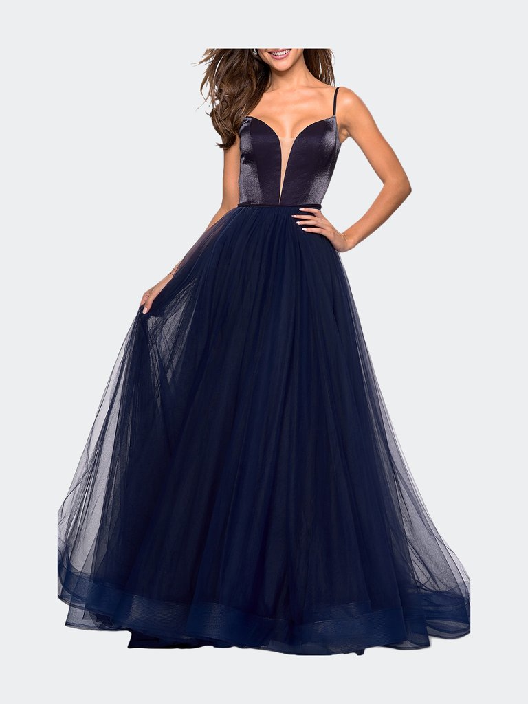 Tulle Evening Gown With Satin Bust And V Shaped Back - Navy