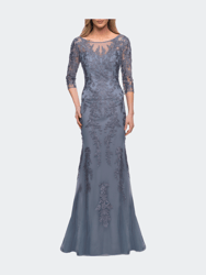 Tulle Gown with Lace Applique and Illusion Top - Slate
