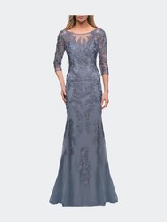 Tulle Gown with Lace Applique and Illusion Top - Slate