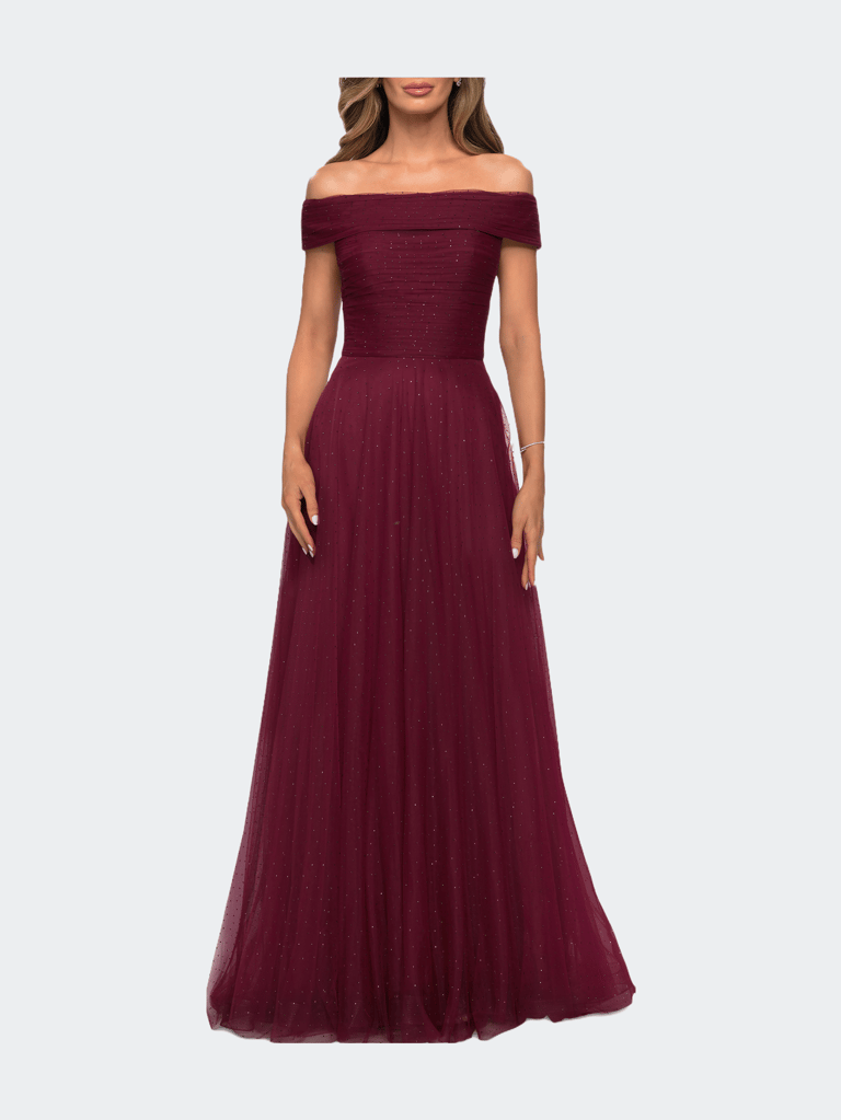 Tulle Off the Shoulder A-line Dress with Rhinestones - Burgundy