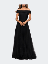 Tulle Off the Shoulder A-line Dress with Rhinestones - Black