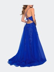 Tulle Prom Dress with Floral Detail and Side Slit