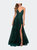 Tulle Prom Dress with Floral Detail and Side Slit - Dark Emerald