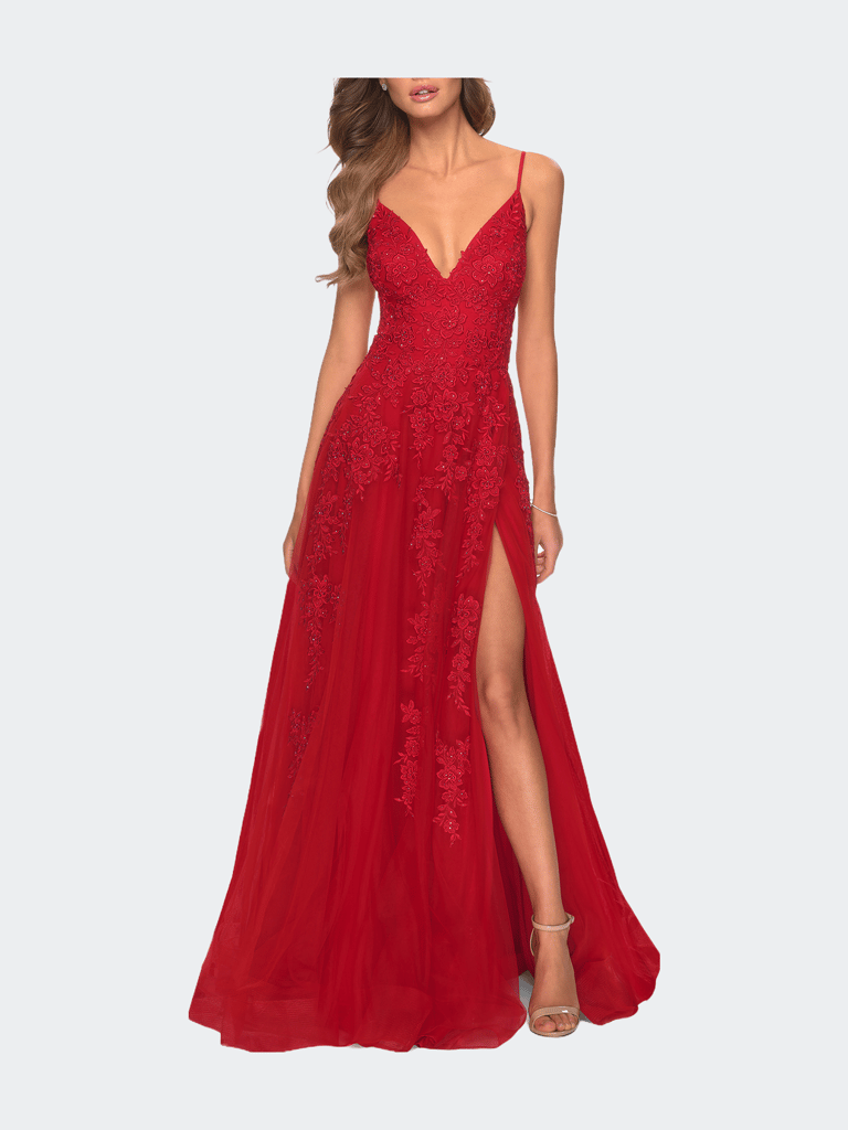 Tulle Prom Dress with Floral Detail and Side Slit - Red
