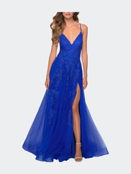 Tulle Prom Dress with Floral Detail and Side Slit - Royal Blue
