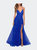 Tulle Prom Dress with Floral Detail and Side Slit - Royal Blue