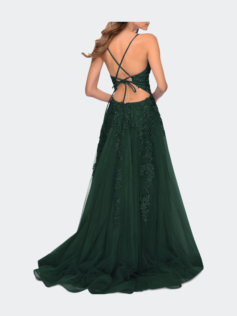 Tulle Prom Dress with Floral Detail and Side Slit