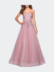 Tulle Prom Gown with Floral Lace Embellishments - Mauve