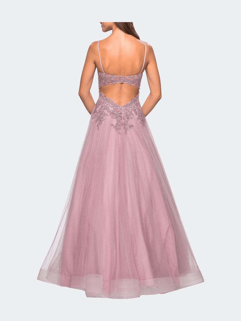 Tulle Prom Gown with Floral Lace Embellishments