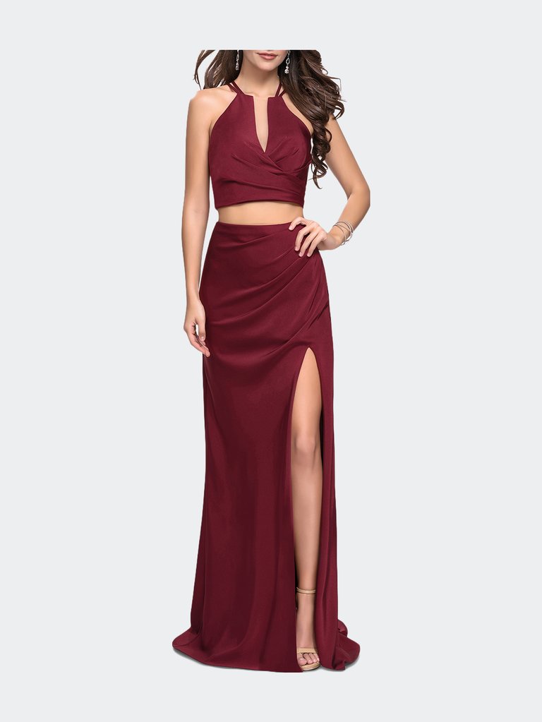Two Piece Jersey Prom Dress With Wrap Style Ruching - Burgundy