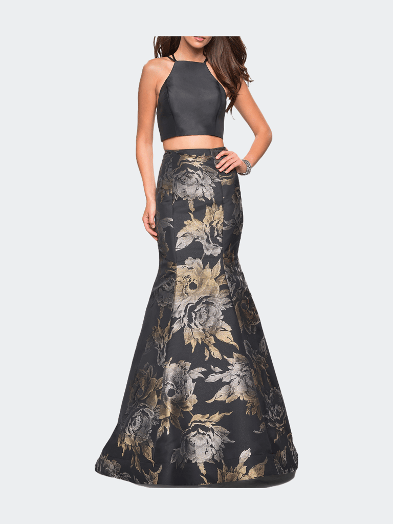 Two Piece Mermaid Gown With High Neck Top - Black/Gold