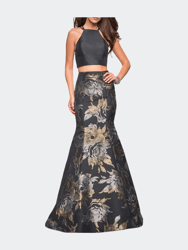 Two Piece Mermaid Gown With High Neck Top - Black/Gold