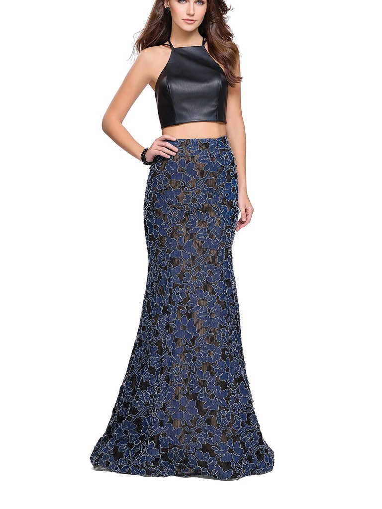 Two Piece Mermaid Prom Dress With Vegan Leather Top - Blue/Multi