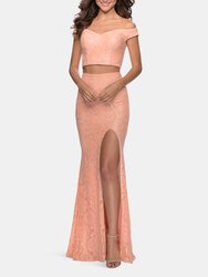 Two Piece Off the Shoulder Sequin Lace Prom Dress  - Peach