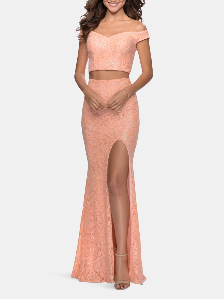 Two Piece Off the Shoulder Sequin Lace Prom Dress  - Peach