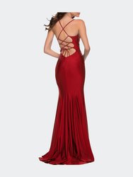 V Neck Jersey Fitted Prom Dress with Tie Up Back