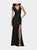 V Neck Jersey Fitted Prom Dress with Tie Up Back - Black