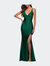 V Neck Jersey Fitted Prom Dress with Tie Up Back - Emerald