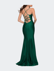 V Neck Jersey Fitted Prom Dress with Tie Up Back