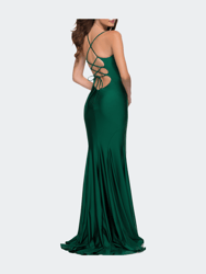 V Neck Jersey Fitted Prom Dress with Tie Up Back