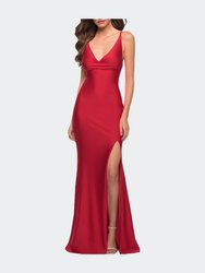 V Neck Jersey Fitted Prom Dress with Tie Up Back - Red