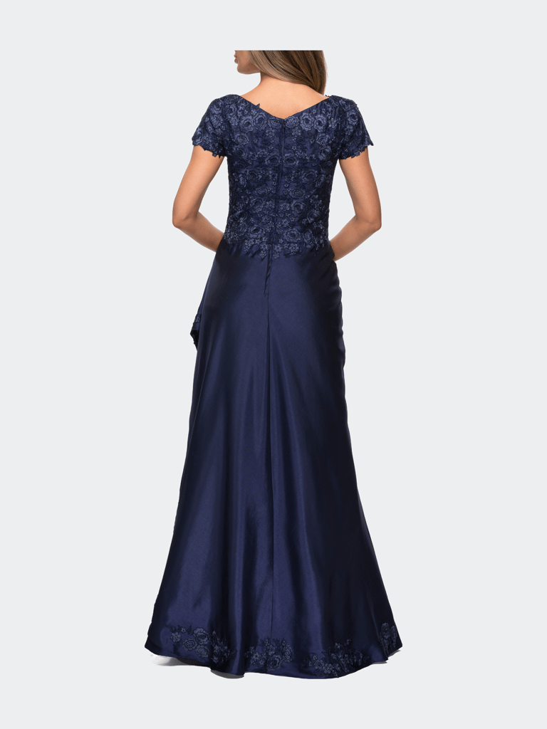 V-neck Jersey Floor Length Gown with Short Sleeves