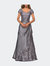 V-neck Jersey Floor Length Gown with Short Sleeves - Platinum