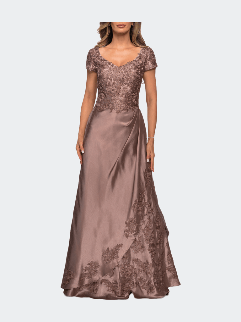 V-neck Jersey Floor Length Gown with Short Sleeves - Cocoa