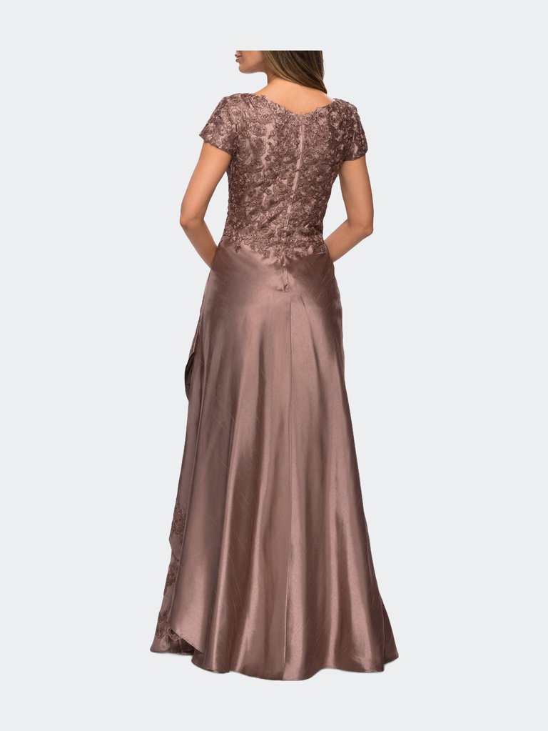 V-neck Jersey Floor Length Gown with Short Sleeves