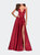 V-Neck Satin Prom Dress with Lace Up Back - Deep Red