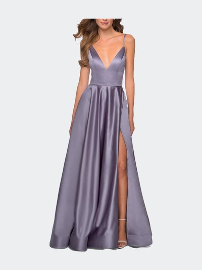 La Femme V-Neck Satin Prom Dress with Lace Up Back product